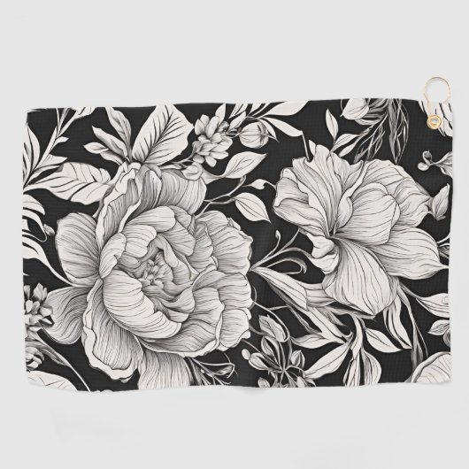 Peonies Black & White Vintage Pattern ゴルフタオル (横)