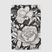 Peonies Black & White Vintage Pattern ゴルフタオル (正面)