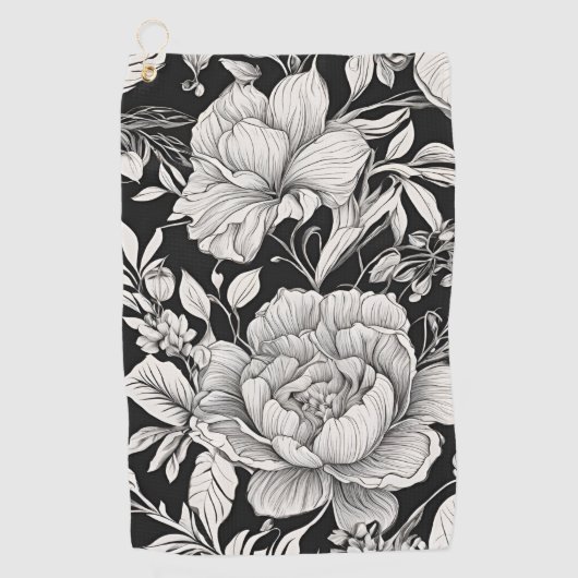 Peonies Black & White Vintage Pattern ゴルフタオル (正面)