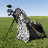 Peonies Black & White Vintage Pattern ゴルフタオル (グリーン)