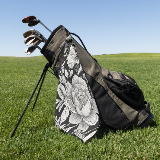 Peonies Black & White Vintage Pattern ゴルフタオル (グリーン)