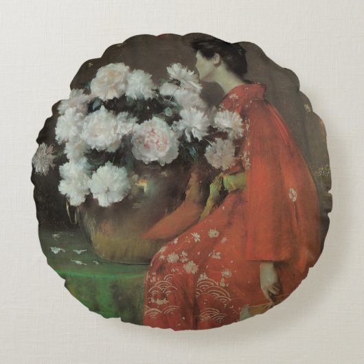 Peonies by William Meritt Chase、ヴィンテージファインアート ラウンドクッション (正面)