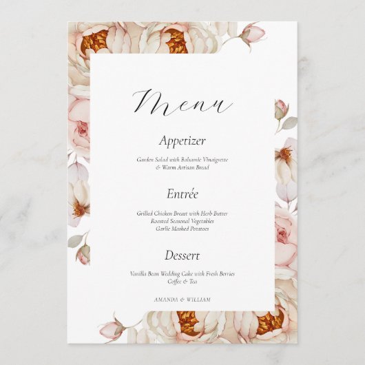 Peonies in Bloom Wedding Menu Card 招待状 (正面)