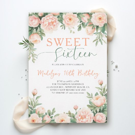 Peonies Peach Pink Floral Elegant Script Sweet 16 招待状
