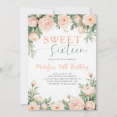 Peonies Peach Pink Floral Elegant Script Sweet 16 招待状 (正面)