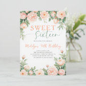 Peonies Peach Pink Floral Elegant Script Sweet 16 招待状 (スタンド正面)