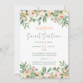 Peonies Peach Pink Script Elegant Floral Sweet 16 招待状 (正面)
