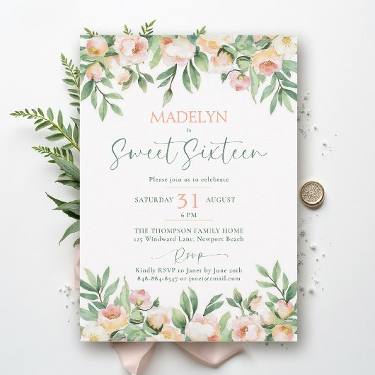 Peonies Peach Pink Script Elegant Floral Sweet 16 招待状