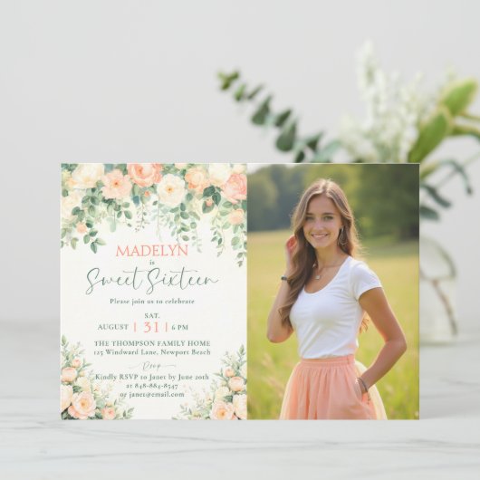 Peonies Pink Peach Elegant Script Photo Sweet 16 I 招待状 (スタンド正面)