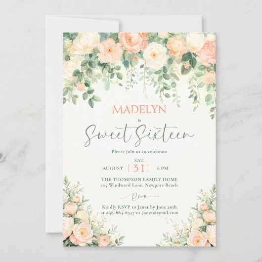 Peonies Pink Peach Script Elegant Photo Sweet 16 招待状 (正面)