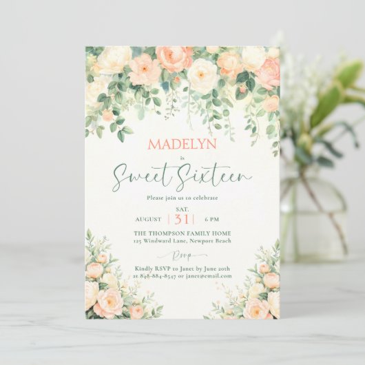 Peonies Pink Peach Script Elegant Photo Sweet 16 招待状 (スタンド正面)