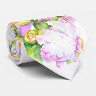 Peonies, pink, white, floral watercolor painting ネクタイ