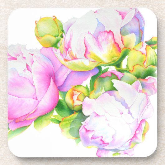 Peonies, pink, white, watercolor floral painting コースター (正面)
