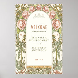 Peonies Welcome Sign Wedding Vintage Art Nouveau ポスター