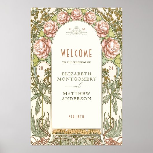 Peonies Welcome Sign Wedding Vintage Art Nouveau ポスター (正面)