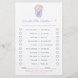 Peonies Would She Rather Bridal Shower Game Card