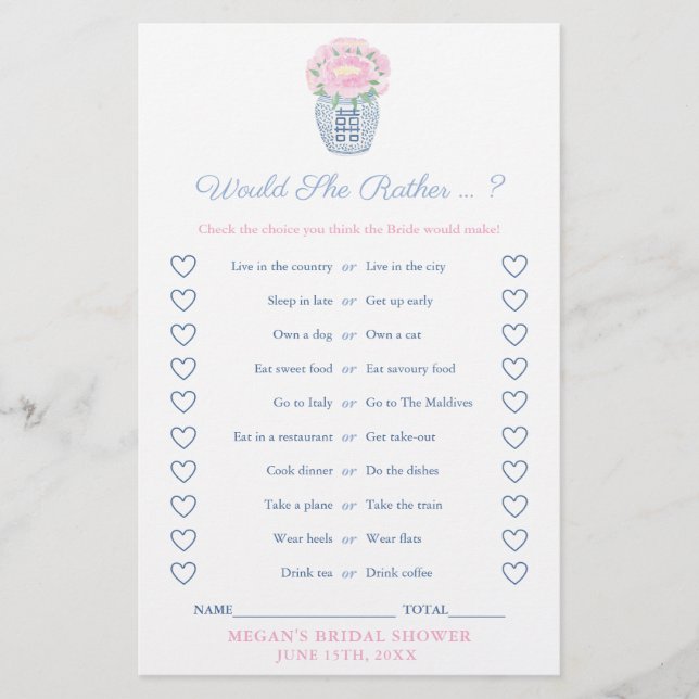 Peonies Would She Rather Bridal Shower Game Card (正面)