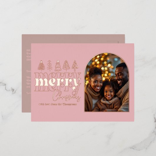 Peony Blush & Warm Taupe Christmas Photo 箔シーズンポストカード (正面/裏面)