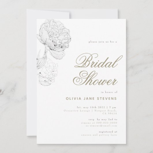 Peony BW金ゴールドスエレガントクリプトフローラブライダルシャワー 招待状 (正面)