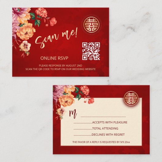Peony Chinese Wedding QR Code RSVP Online エンクロージャーカード (正面/裏面)