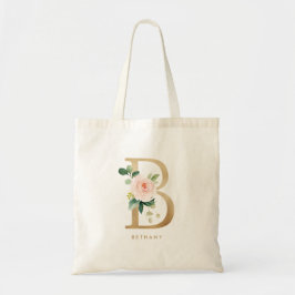 Peony Floral Letter B Gold Monogram Bridesmaid トートバッグ