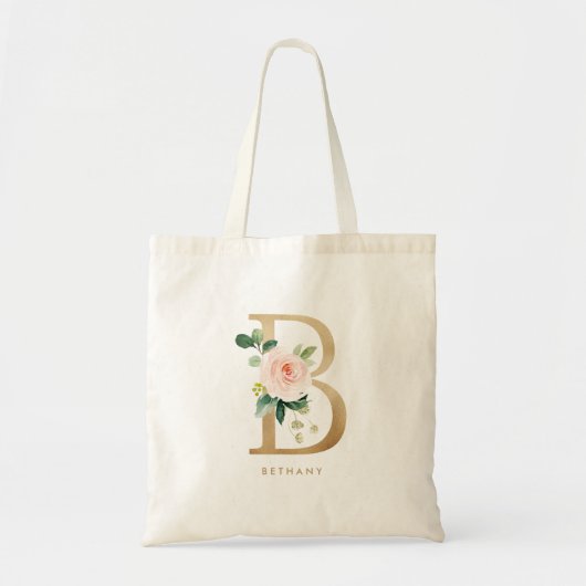 Peony Floral Letter B Gold Monogram Bridesmaid トートバッグ (正面)