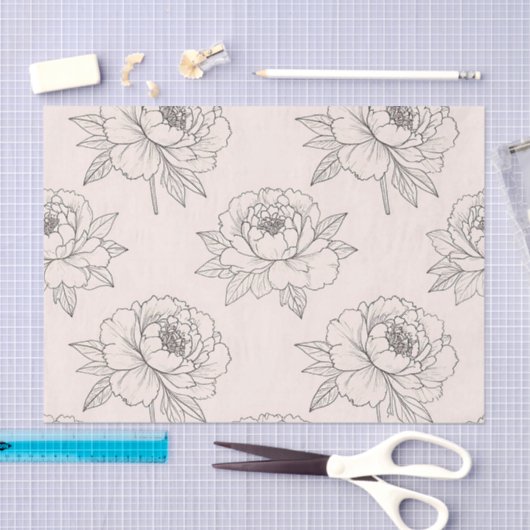 Peony Floral Line Art Pattern Soft 薄葉紙 (クラフト)