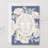 Peony Floral Vintage Elegant Blue Wedding 招待状 (正面)