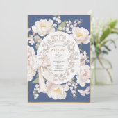 Peony Floral Vintage Elegant Blue Wedding 招待状 (スタンド正面)