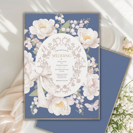 Peony Floral Vintage Elegant Blue Wedding 招待状
