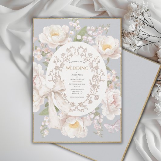 Peony Floral Vintage Elegant Gray Wedding 招待状