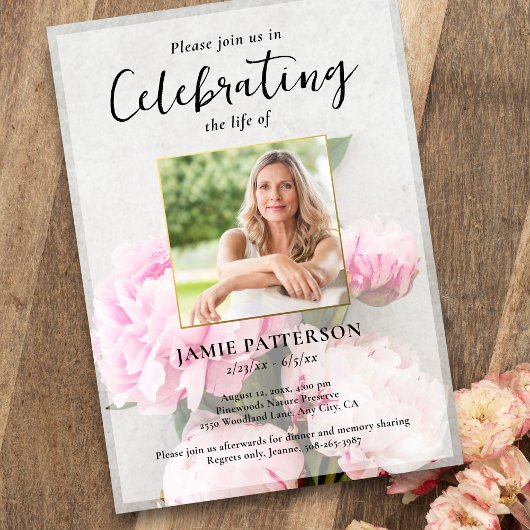 Peony Flowers Celebration of Life Photo, Funeral 招待状