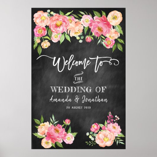 Peony Flowers Chalkboard Welcome To Our Wedding ポスター (正面)