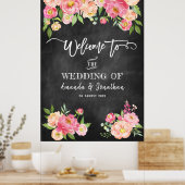 Peony Flowers Chalkboard Welcome To Our Wedding ポスター (キッチン)