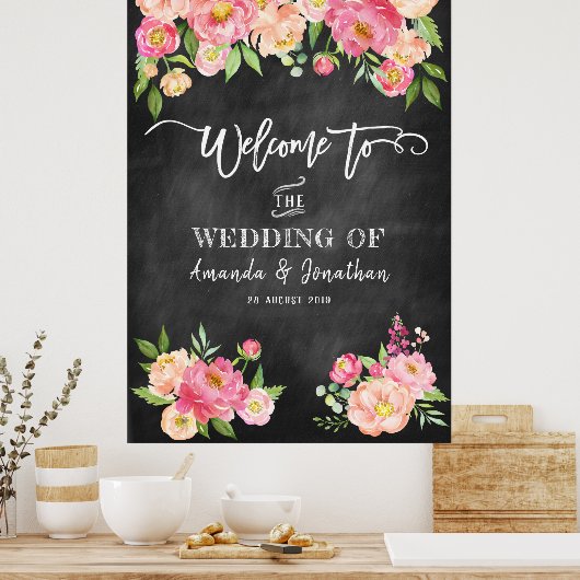 Peony Flowers Chalkboard Welcome To Our Wedding ポスター (キッチン)