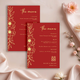 Peony Flowers Modern Chinese Red Gold Wedding Menu 招待状