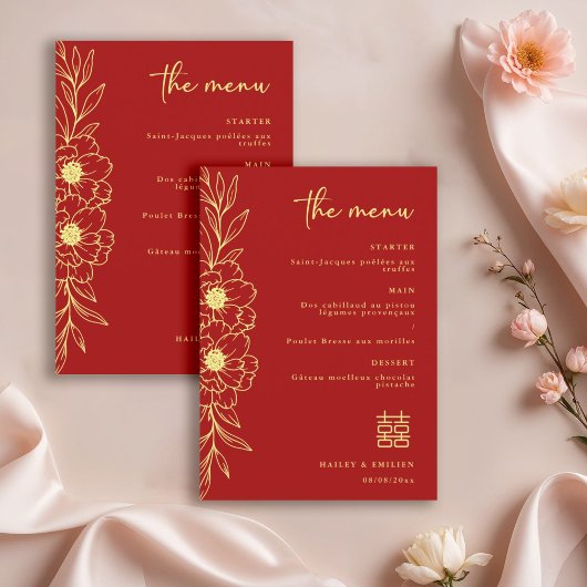 Peony Flowers Modern Chinese Red Gold Wedding Menu 招待状