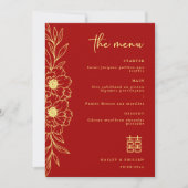 Peony Flowers Modern Chinese Red Gold Wedding Menu 招待状 (正面)