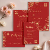  Peony Flowers Modern Chinese Red Wedding Details  招待状