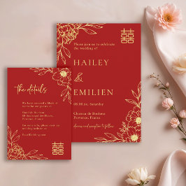  Peony Flowers Modern Chinese Red Wedding Details  招待状