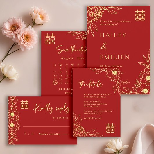 Peony Flowers Modern Chinese Wedding Save The Date 招待状