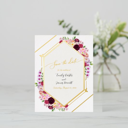  Peony Foil Wedding Save the Date 箔招待状ポストカード (立ち正面)