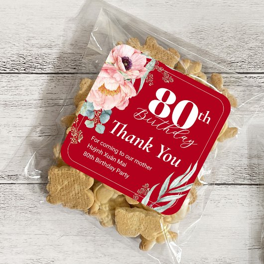 Peony on Red誕生日ギフトラベル/スクエアステッカー スクエアシール