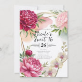 Peony & Orchid Garden Floral Glam Sweet 16 招待状 (正面)