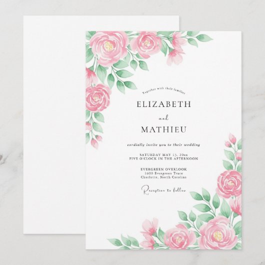 Peony Pink Airy Spring Wedding 招待状 (正面/裏面)