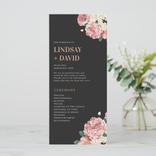 Peony Roses on Black Wedding Ceremony Program (スタンド正面)