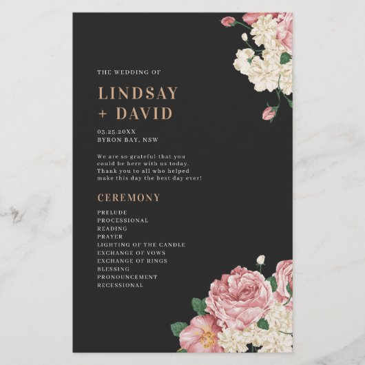 Peony Roses on Black Wedding Ceremony Program (正面)