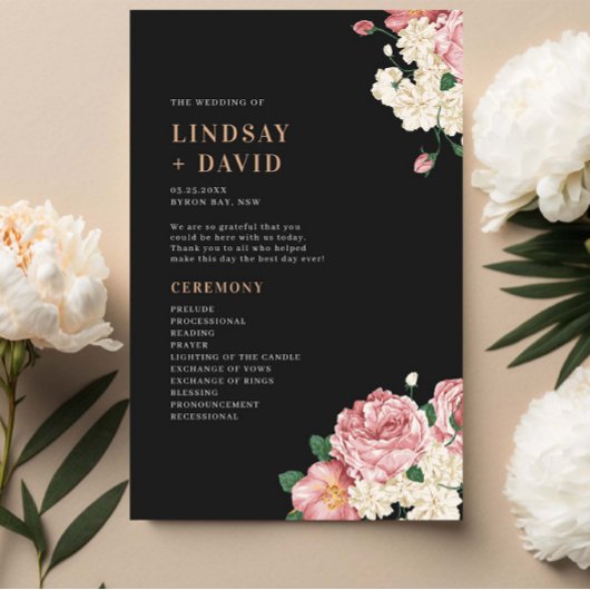 Peony Roses on Black Wedding Ceremony Program