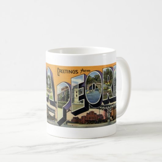 Peoria ILのヴィンテージの郵便はがきのマグからの挨拶 コーヒーマグカップ (正面右)
