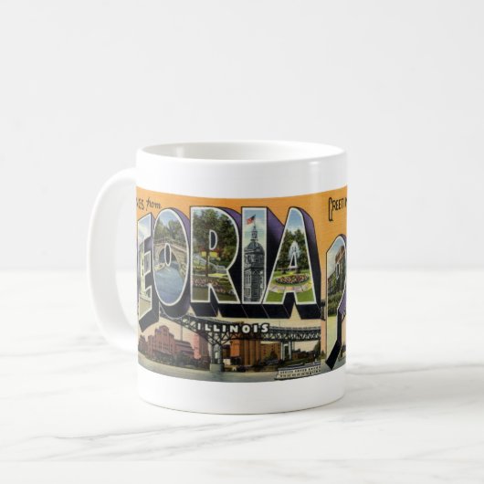Peoria ILのヴィンテージの郵便はがきのマグからの挨拶 コーヒーマグカップ (正面左)